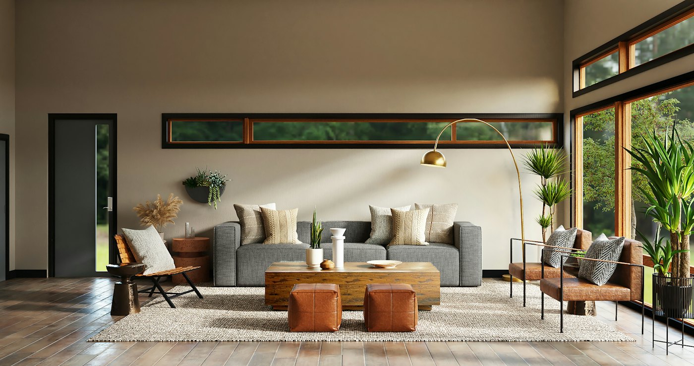 Phòng khách căn hộ tông be với sofa module và cây xanh