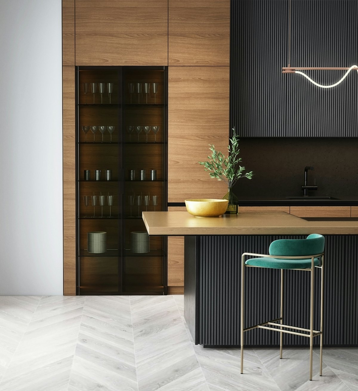 Quầy bar gia đình ốp gỗ và tủ rượu kính